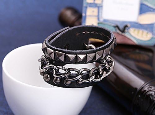 Mysterious Black Leather Metal Chain square Rivet Multi Circle Half Ball Shape Punk Style Wrap Bracelet