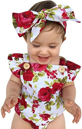 Youngkim Baby Girls Full Flower Print Buttons Ruffles Romper Bodysuit With Headband