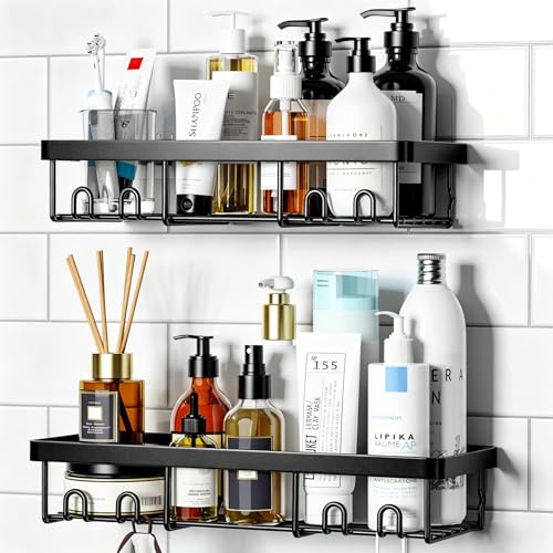 Moforoco Shower Caddy Shelf Organizer Rack, Self Adhesive Black Bathroom Shelves Basket, Home Farmhouse Wall Inside Organization and Storage Decor Rv Accessories, First Camper Apartment Essentials