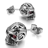 Men's Stainless Steel Stud Earrings CZ Silver Red Skull Gothic (with Gift Bag)