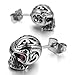 INBLUE Men's Stainless Steel Stud Earrings CZ Silver Tone Red Skull