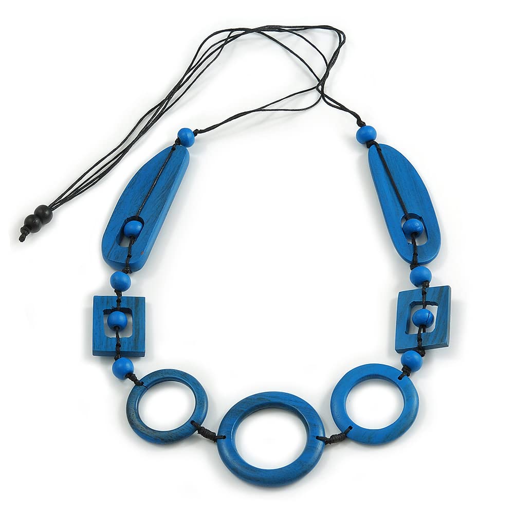 Avalaya Long Geometric Blue Painted Wood Bead Black Cord Necklace - 100cm Max/Adjustable