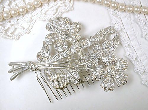 Antique Art Deco Bridal Hair Comb, Floral Rhinestone Hairpiece Accessory, 1930s 1940s Vintage Great Gatsby Wedding