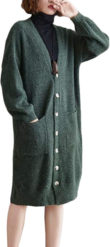 Amazon Gergeousニットカーディガン レディース ロング丈 カーディガン 厚手 セーター Vネック 前開き コート ニット カジュアル アウター 無地 大きいサイズ 秋 冬 Freesizeグリーン カーディガン ボレロ 通販