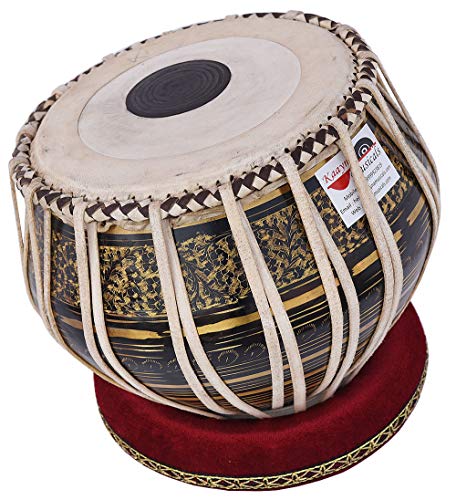 Tabla Drum Set, 2.5 Kg Black Painted Designer Brass Bayan, Beautiful Look, Sheesham Wood Dayan, Hand Made Drum Skin, Camel Leather Strap to Tune, Comes with Tuning Hammer, Gig Bag, Cushion & Cover - Thumbnail 7