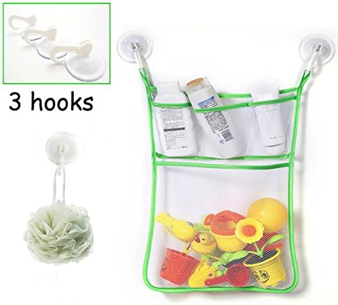 WoSite Bathroom Storage Ideas for Kids,Toddlers &amp; Adults - 1 Mesh Bath Toy Organizer with 3 Soap Pockets for Baby Toys &amp; Shower Accessories + 3 Strong Sucker Hooks (Green)