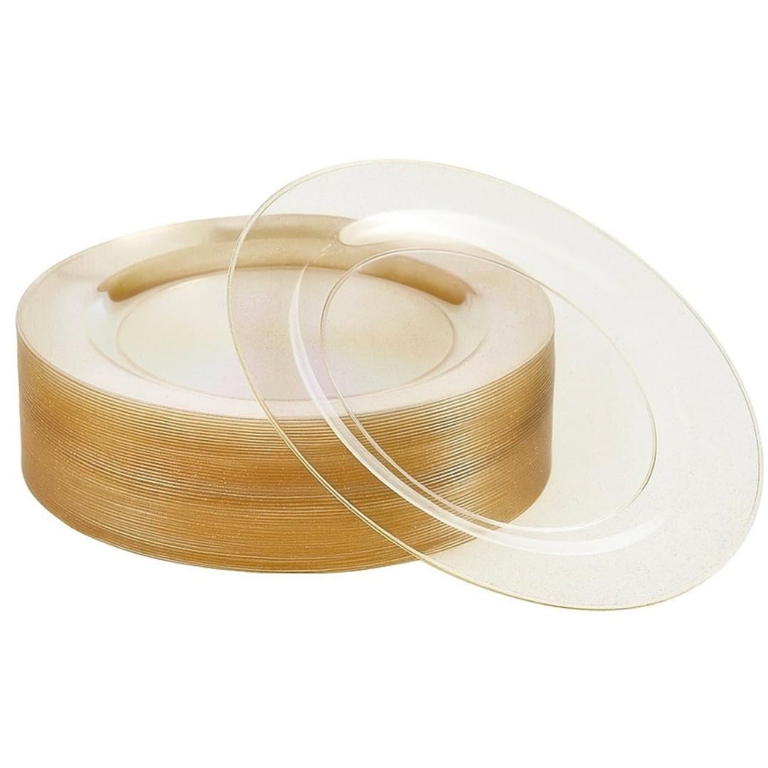 MATANA 25 Premium Clear Hard Plastic Dinner Plates with Gold Glitter, 26cm / 10 Inch - Elegant & Reusable Party Plates for Weddings, Birthdays, Picnic, BBQ, Parties