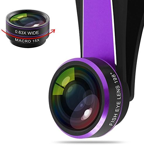 3 in 1 Cell Phone Camera Lens Kit-198 Degree Super Fish Eye + 0.63X Wide Angle + 15X Macro Lenses + Universal Clip for Apple iPhone 6S/6/5S/iPad/Android and Other Smartphones (Purple)