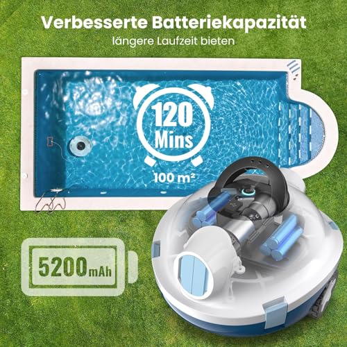 Bocxi Pool Robot, Wireless Pool Vacuum, Cordless Robot Pool Cleaner, Automatic, Powerful Pool Vacuum, 120 Minutes Running Time, Self-Parking, Ideal for Flat Floors up to 100 m² (White)