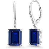 Gem Stone King 11-15 Cttw Leverback Drop Dangle Earrings for Women | 925 Sterling Silver | Gemstone Birthstone and White Diamond | Emerald Cut 12X10MM | Fine Jewelry Gifts for Her Mom Women Wife