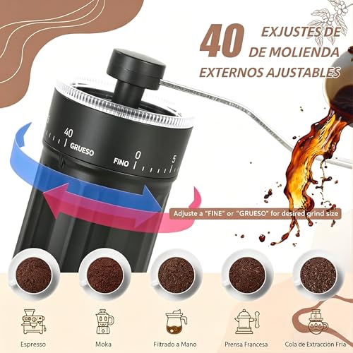 Molinillo de Café Manual Grosor Ajustable,Molinillo de Café 40 Ajustes Ajustables,Coffee Grinder Portátil con Tarros de Cristal para Coffee Grinder Portátil Ideal uso Doméstico Campamento (Negro)
