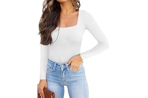 REORIA Womens Basic Sexy Square Neck Double Lined Long Sleeve Bodysuit Tops Jumpsuits