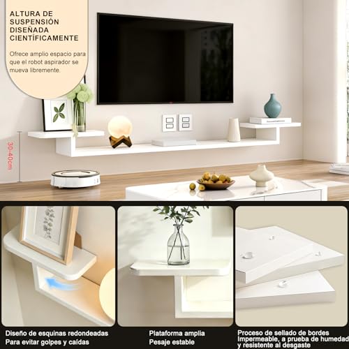 Repisas Flotantes para TV 120 cm - Mueble Flotante para TV con 2 Estantes Abiertos, Repisa Pared Montada Estantería Televisor, Ahorro de Espacio, Soporta 32 kg, Diseño Moderno Minimalista (Blanco)