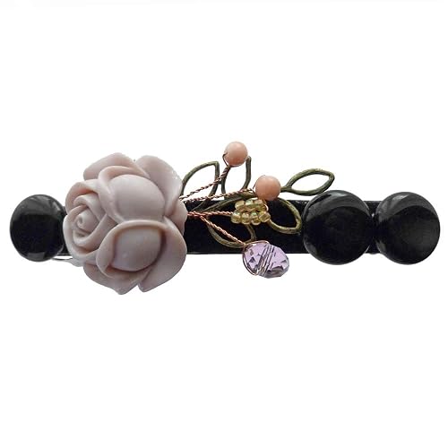 Barrette Pince à Cheveux Fleur Rose Pâle Cabochons Noire