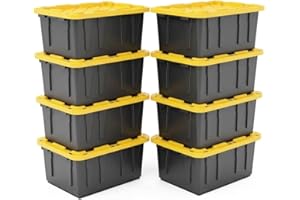 8-Pack Heavy Duty 27 Gallon Storage Bins with Lids, Black and Yellow Stackable Plastic Totes, Snap-On Secure Lid, Durable Gar