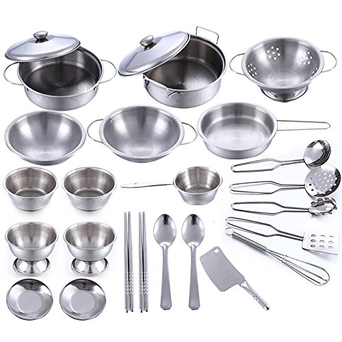 25Pcs Stainless Steel Children Kitchen Toys Miniature Cooking Set
Simulation Tableware Toy Pretend Play Cook Toy for Kids Gift