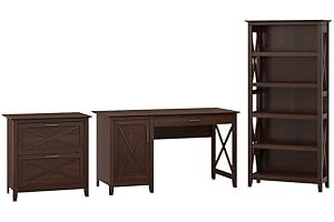 BUSH BUSINESS FURNITURE Bush Furniture Key West 54W Computer Desk with 2 Drawer Lateral File Cabinet and 5 Shelf Bookcase in Bing Cherry