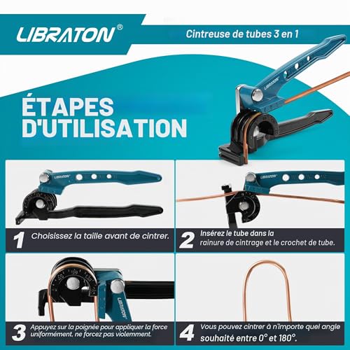 LIBRATON Pipe Bending Machine, Copper Pipe Bender, 180 Degree Bending Tool, 3 in 1 Manual Bending Machine 1/4", 5/16", 3/8", with Tube Cutter, Deburring Tool, for Brass, Aluminum Tube