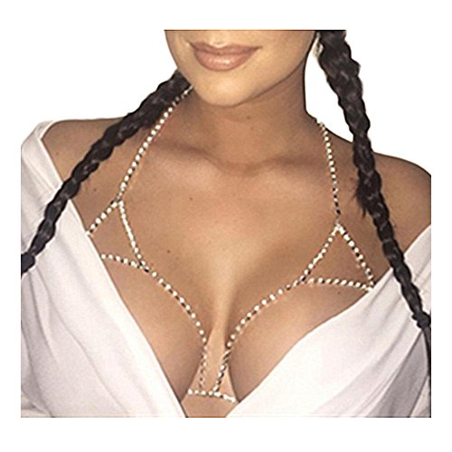 MineSign Rhinestone Sexy Chain Necklace Summer Bikini Bra Accessories Beach Party Body Jewelry (Silver)