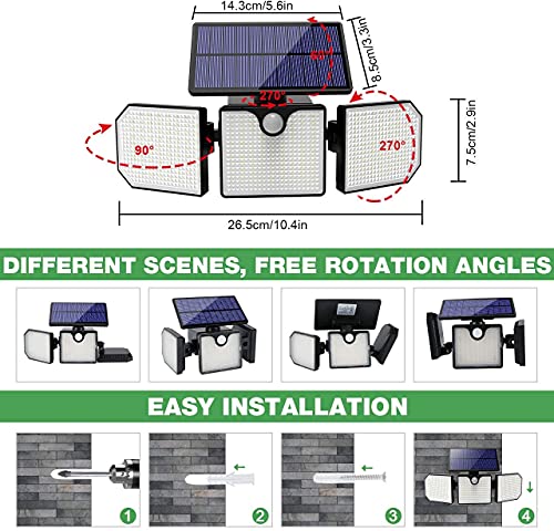 Luz Solar Exterior GolWof 2 Piezas 230LED 3 Cabezas Lampara Solar Exterior con Sensor de Movimiento 270º lluminación Foco Solar Exterior IP65 Impermeable para Frente Jardin Garaje Camino Patio