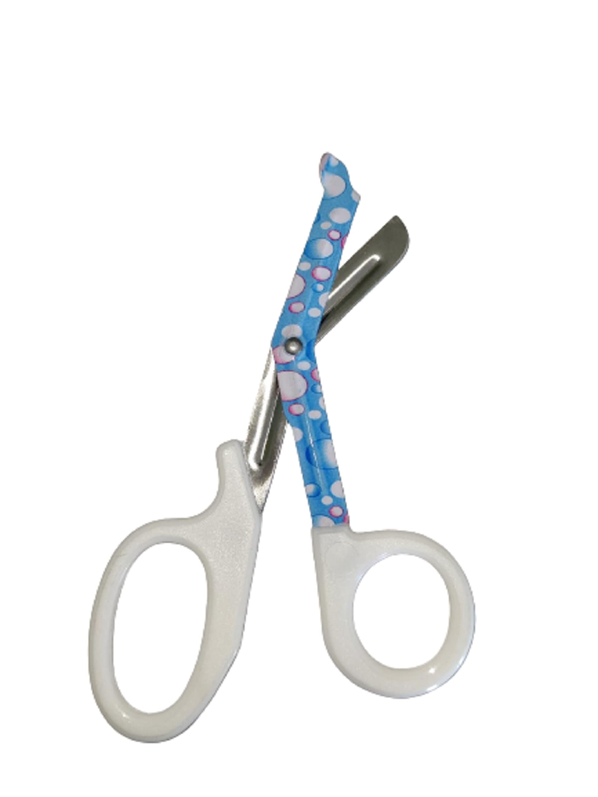 Novelty Nurse 18cm Bandage Scissors with Blue Bubble Design on Blades and White Handle