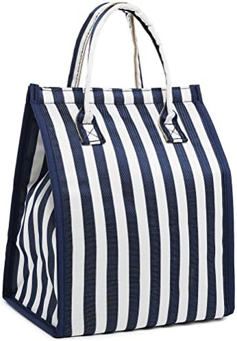 Insulated Lunch Bag Tote Leakproof Lunch Container Bag Durable Lunch Box for Adults Women Men Reusable Cooler Bag for Work Shopping Picnic (Blue Stripe)