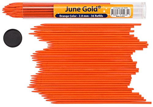 June Gold 36 Orange Colored Lead Refills, 2.0 mm, Extra Bold Thickness for Heavy Use, Break Resistant with a Convenient Dispenser