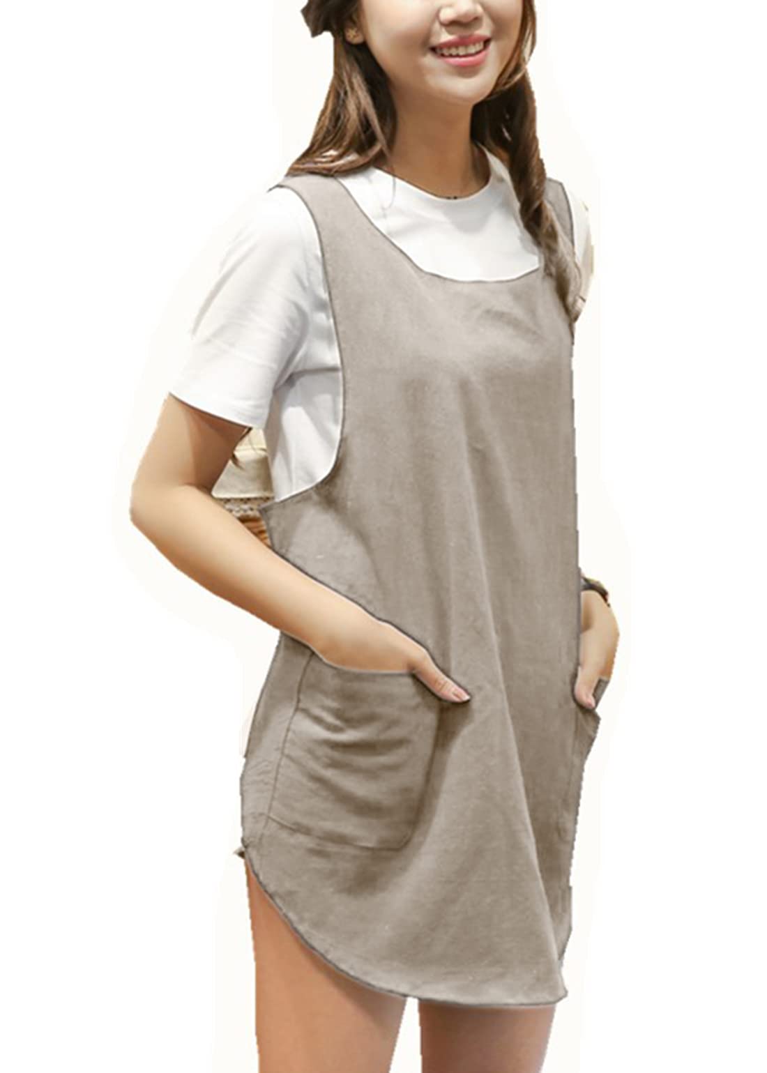 AOBBYBBS Soft Cotton Linen Apron Solid Color Halter Cross Bandage Aprons Japanese Style X Shape Double Pockets Round Skirt Kitchen Cooking Clothes Chef Summer Fit (Khaki)