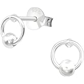 925 Sterling Silver Circle with Ball Center Stud Earrings, Sold as a Pair