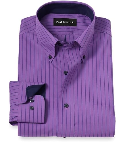 paul fredrick men's classic fit non-iron cotton stripe dress shirt Red 16.5