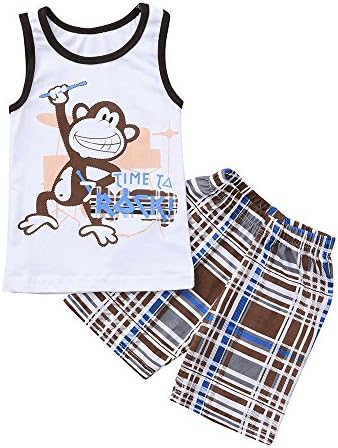 Fineser Toddler Baby Boys Girls Monkey Letter Print Sleeveless Tops T-Shirt+Checks Print Shorts, 2Pcs Summer Outfits Set
