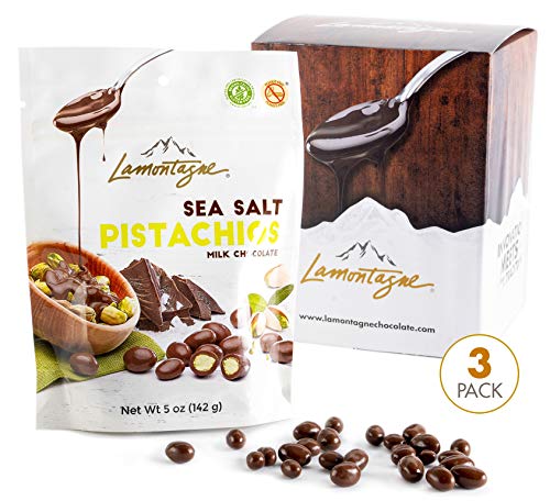Lamontagne Milk Chocolate & Sea Salt Pistachios, pack of 3 bags - Gluten-free, Peanut-free and Palm Oil-Free Snack