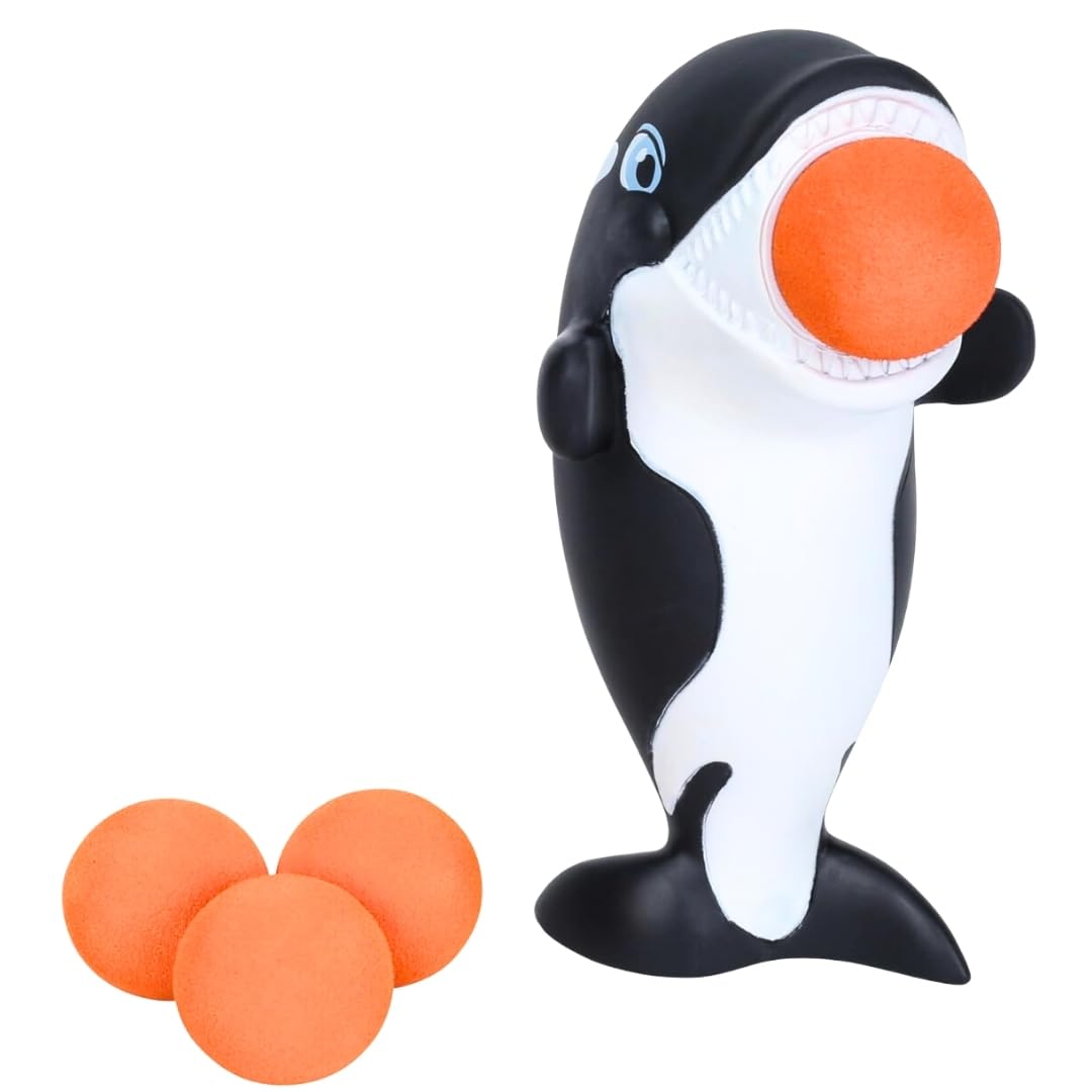 Zing Popper Toy - Launches Foam Balls Up to 20 Feet - Fun Indoor and Outdoor Game for Kids - Includes 4 Foam Balls (Orca Whale)