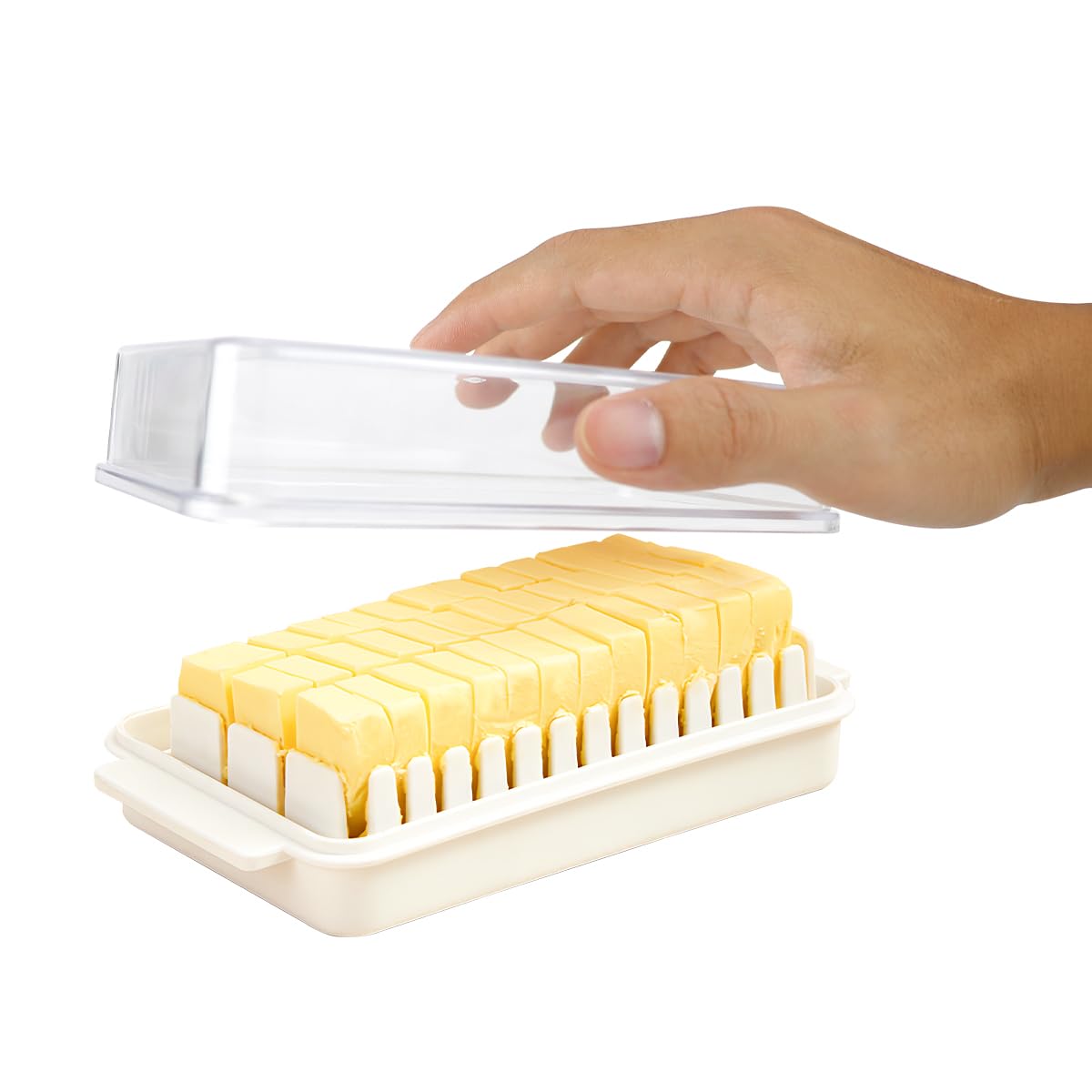 DOERDO Butter Cutter Container, Butter Slicer Cutter,Cheese Butter Keeper with Lid Fork, Butter Tray for Refrigerator Fridge Kitchen Organization, 7.4x4.1x1.9 Inch, White