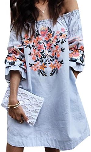 Sweetly Women Floral Print Solid Off Shoulder Long Sleeve Short Dress Blue S
