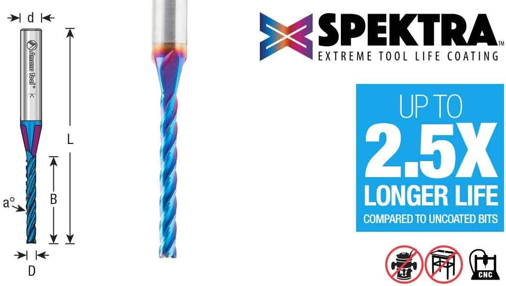 Amana Tool 46577-K CNC Spektra Extreme Tool Life Coated Spiral 2D/3D Carving 0.10 Deg Straight Angle Flat Bottom x 1/4 D x 1-1/2 CH x 1/4 SHK x 3 Inch Long x 2 Flute SC Up-Cut Router Bit - Image 3