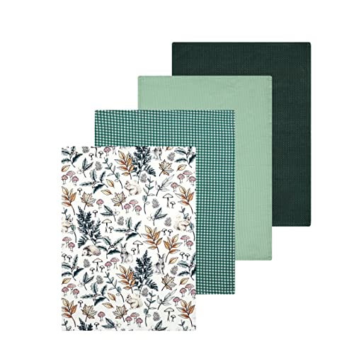 Sleepdown Kitchen Tea Towels Super Absorbent Waffle Soft Dish Cleaning Cloth 100% Cotton Half Panama Pack of 4 (Country Cottage, Check Green, Plain Black, Plain Sage Green) - (46cm x 65cm)