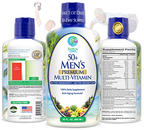 Tropical Oasis Men's 50+ Premium Multivitamin- Superfood & Anti-Aging Liquid Multivitamin for Men Over 50. 100+ Ingredients support healthy muscles, bones, heart & brain functions* -1mo Supply Tropical Oasis Men's 50+ Premium Multivitamin- Superfood & Anti-Aging Liquid Multivitamin for Men Over 50. 100+ Ingredients support healthy muscles, bones, heart & brain functions* -1mo Supply