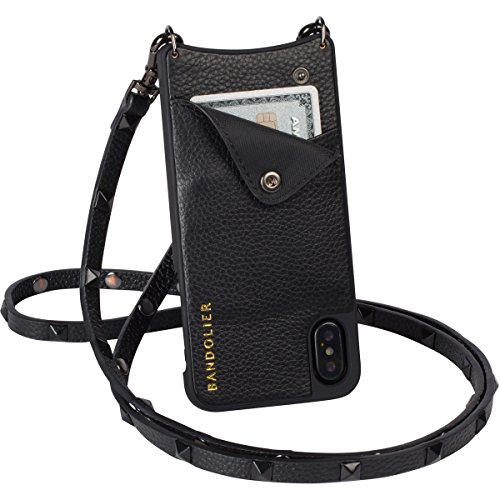 Bandolier [Sarah] Crossbody Phone Case and Wallet - Compatible with iPhone X & XS - Black Leather with Pewter Accent
