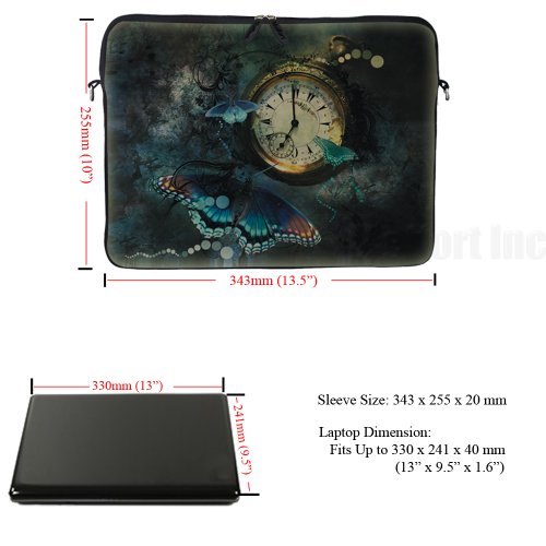 Meffort Inc 13 13.3 Inch Neoprene Laptop / Ultrabook / Chromebook Bag Carrying Sleeve with Hidden Handle and Adjustable Shoulder Strap (Clock Butterfly)