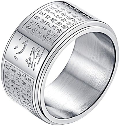 UNAPHYO Men's Stainless Steel Buddhist Mantra Chinese Heart Sutra Spinner Ring Band Silver Size 11