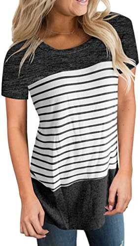 Vemvan Womens Short Sleeve Round Neck T Shirts Color Block Striped Causal Blouses Tops