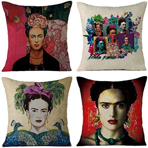 Joyi 4 Pack Frida Kahlo Self-Portrait Cotton Linen Throw Pillow Case Car Cushion Cover 18"x18",Pattern 13