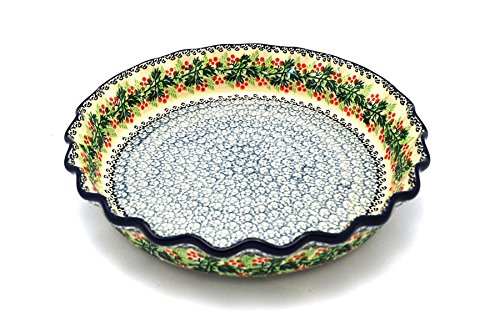 Click Here to See More Images Polish Pottery Baker - Pie Dish - Fluted - Holly Berry