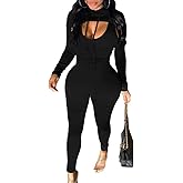 LAGSHIAN Women's Sexy 2 Piece Outfits Long Sleeve Hooded Crop Top Sleeveless Tank Jumpsuit Set