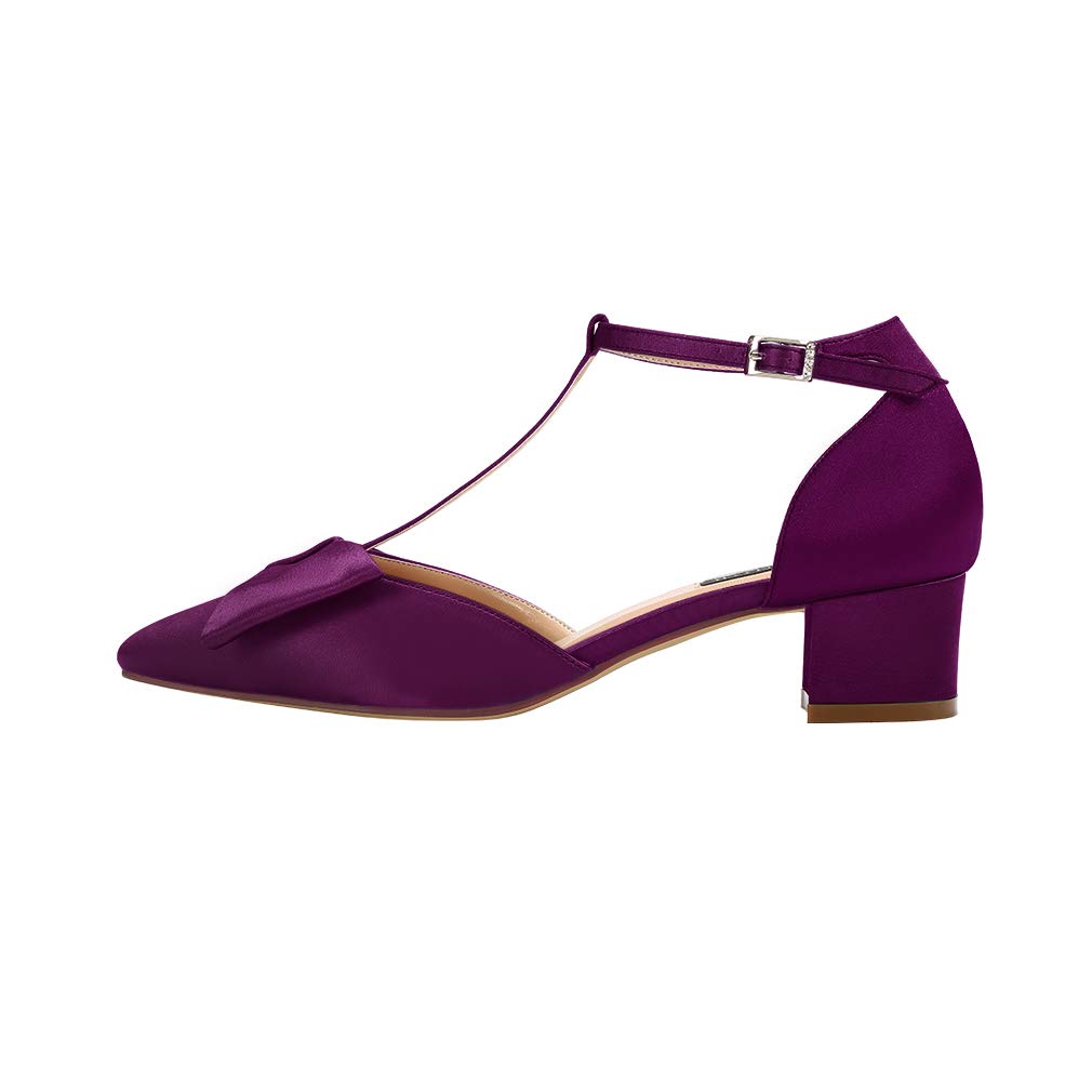 ERIJUNOR Bow Shoes Comfortable Chunky Low Heels for Women Pointy Toe T-Strap Evening Wedding Satin Shoes - Image 4
