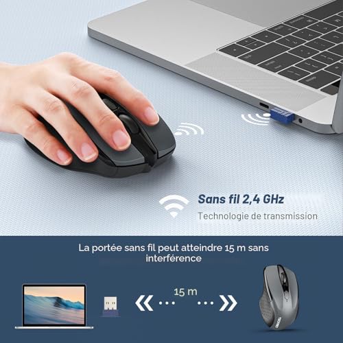 TECKNET Wireless Mouse, 2.4G Optical Mouse with 2600 DPI, Ergonomic Mouse for Laptop, PC with USB Receiver, Silent Click, Grey