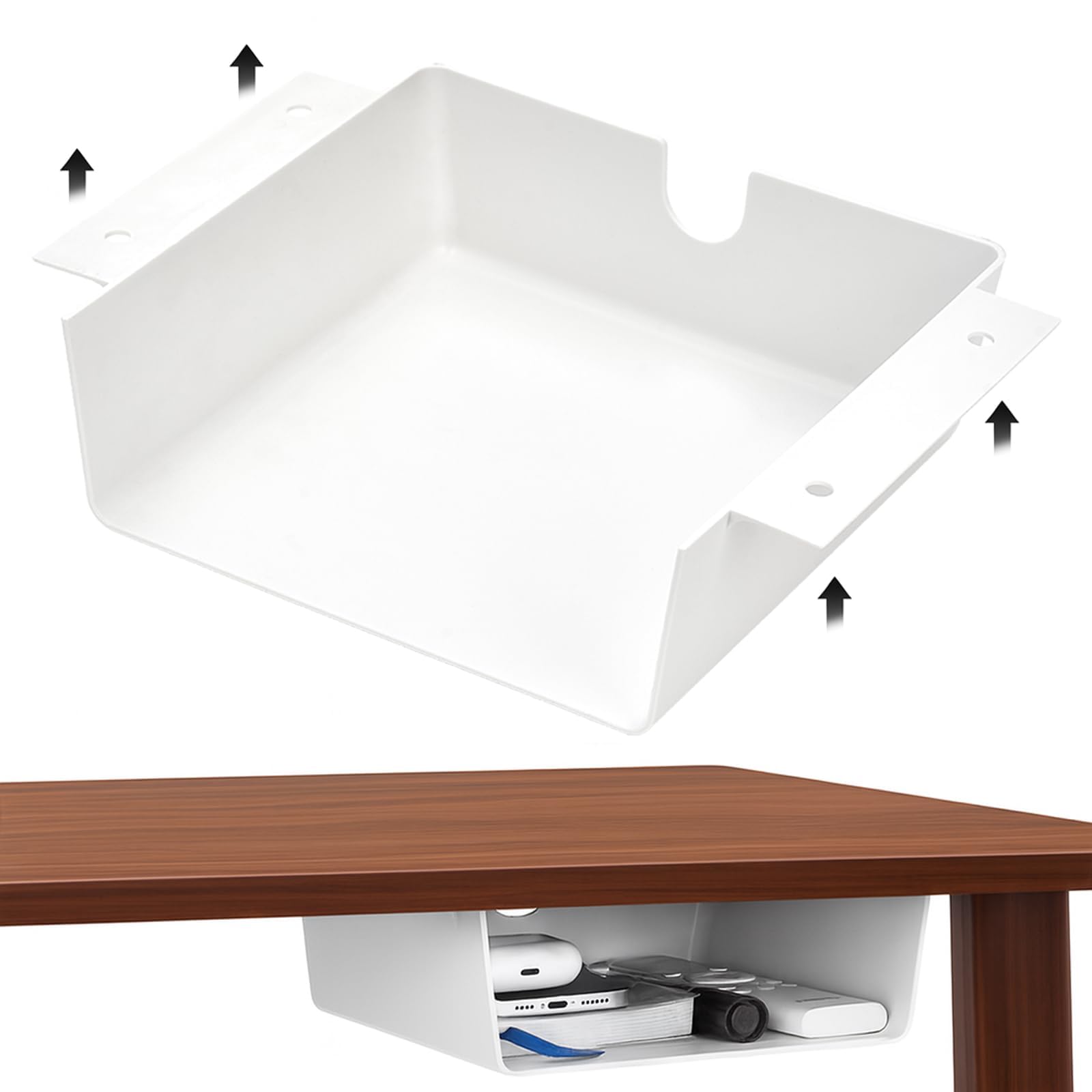 Photo 1 of OrgaFocus 2 Pack Under Desk Hanging Shelf Drawer Organizer, Attachable Plastic Hidden Storage Tray, Easy Adhesive Mount Holder for Standing Tables, Office, Counters, Cabinets, Workstations - White