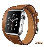 Apple Watch Band, WAPAG Double Tour Genuine Leather, Sport Style Replacement Band Wrist Bracelet Strap for Apple iWatch (Light Brown 38mm)