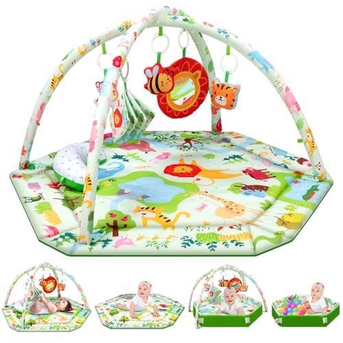 lulunemo Baby Play Mat,Tummy Time Mat with 6 Detachable Toys-Activity Gym for Visual, Auditory & Motor Development-Washable Baby Activity Mat for 0-12 Month Infants(Animal Theme)